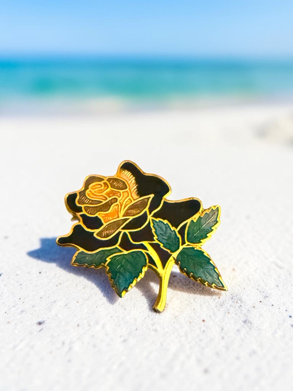 Gold Black and Green Rose Enamel Pin - Women Jewelry